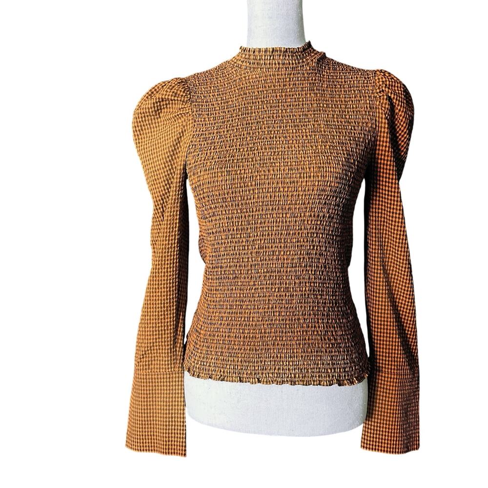 SCOTCH & SODA Top Small Smocked High Neck Gingham Check Print Brown Cottagecore
